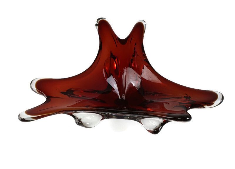Italian Cranberry Clear Bowl Dish Centerpiece Murano Seguso Art Glass Modernist