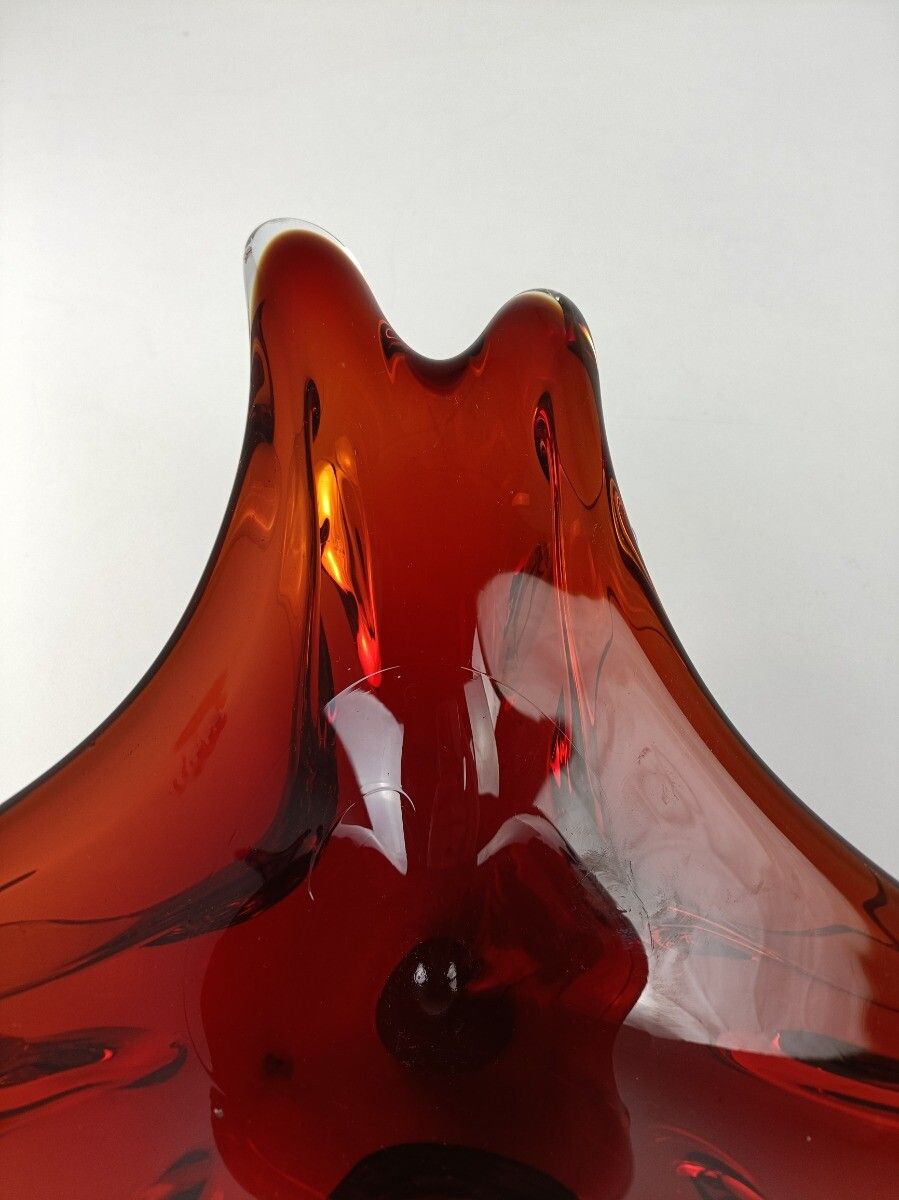 Italian Cranberry Clear Bowl Dish Centerpiece Murano Seguso Art Glass Modernist photo Home Decor