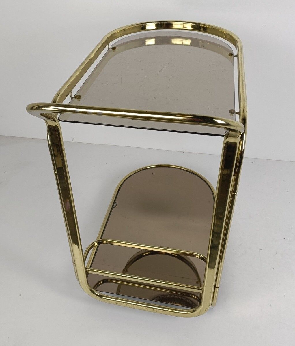 Bar Cocktail Tea Cart Trolley Hollywood Regency Kitchen Island Brass Smoked Glas photo for sale