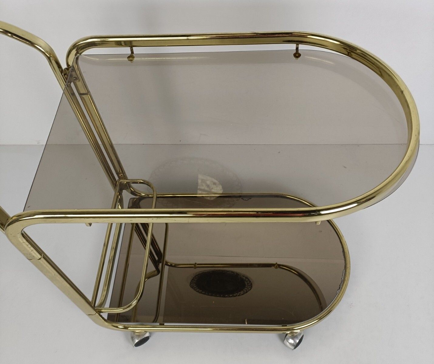 Bar Cocktail Tea Cart Trolley Hollywood Regency Kitchen Island Brass Smoked Glas photo vinterior