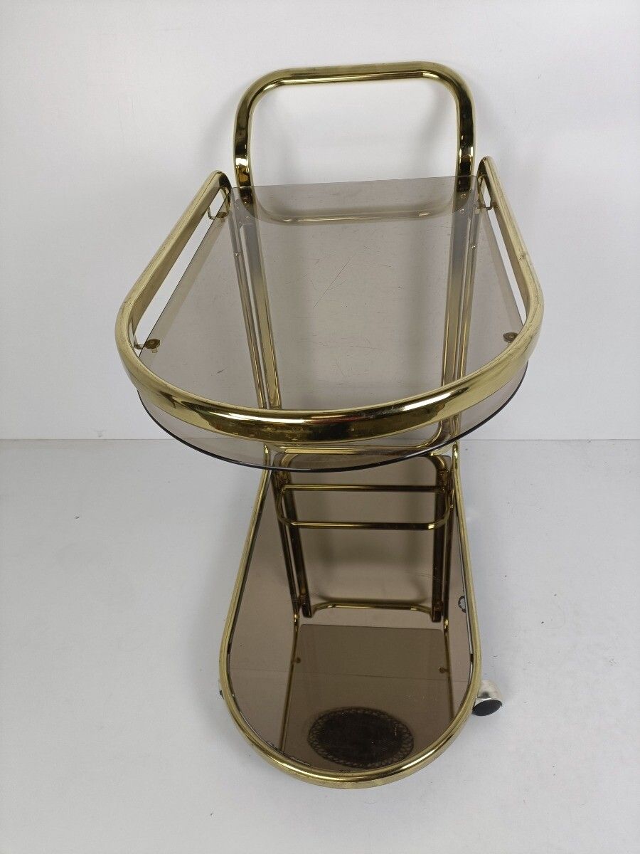 Bar Cocktail Tea Cart Trolley Hollywood Regency Kitchen Island Brass Smoked Glas photo buy