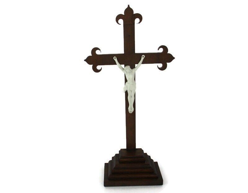 Large French Standing Crucifix Cross Wood Porcelain Corpus Fleur De Lis Lys