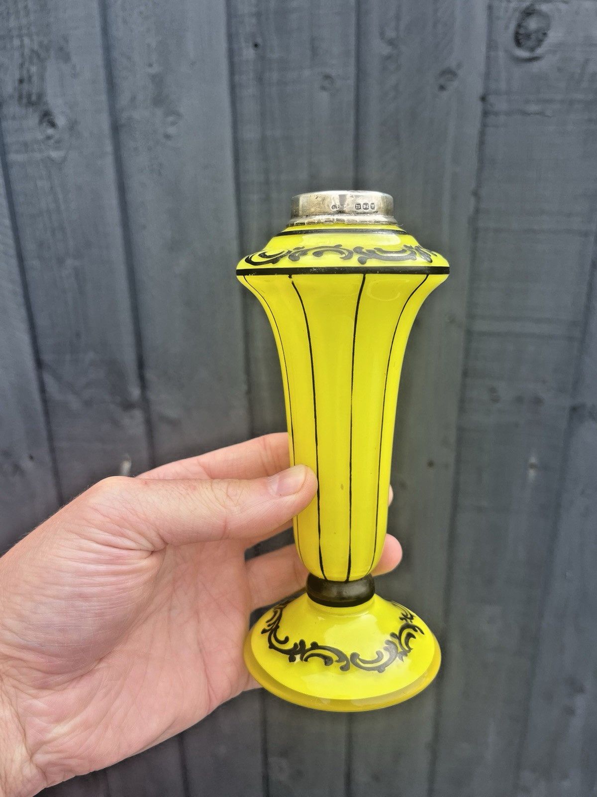 Art Deco Bohemian Silver Rim Czech Yellow Tango Glass Pinstripe Vase Loetz Welz photo furniture