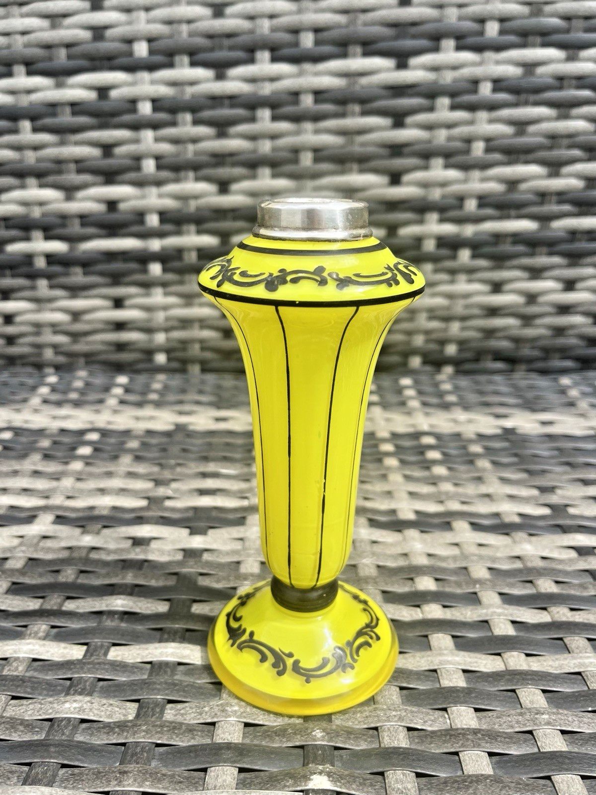 Art Deco Bohemian Silver Rim Czech Yellow Tango Glass Pinstripe Vase Loetz Welz photo vinterior