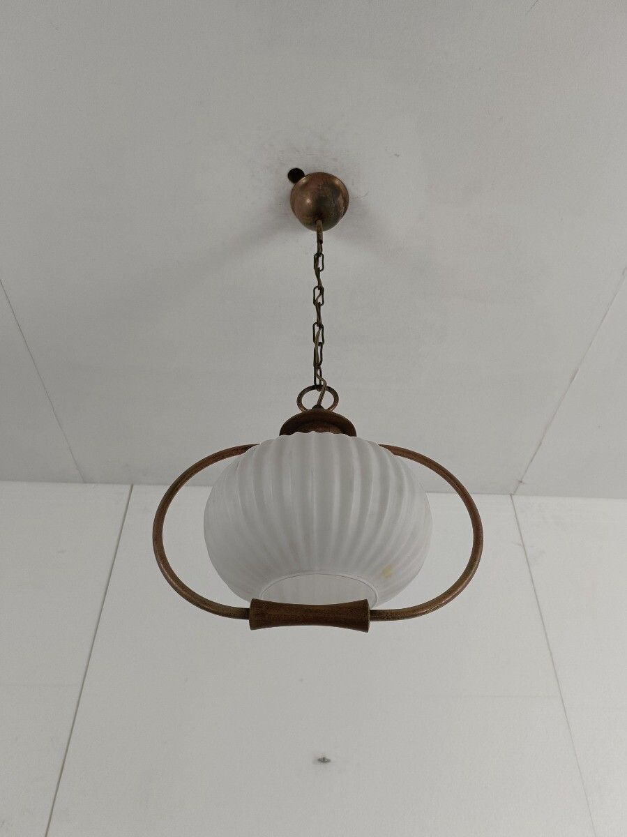 Danish Modernist  Chandelier Pendant Teak Brass Opaline Glass Atomic Louis Kalff photo vinterior