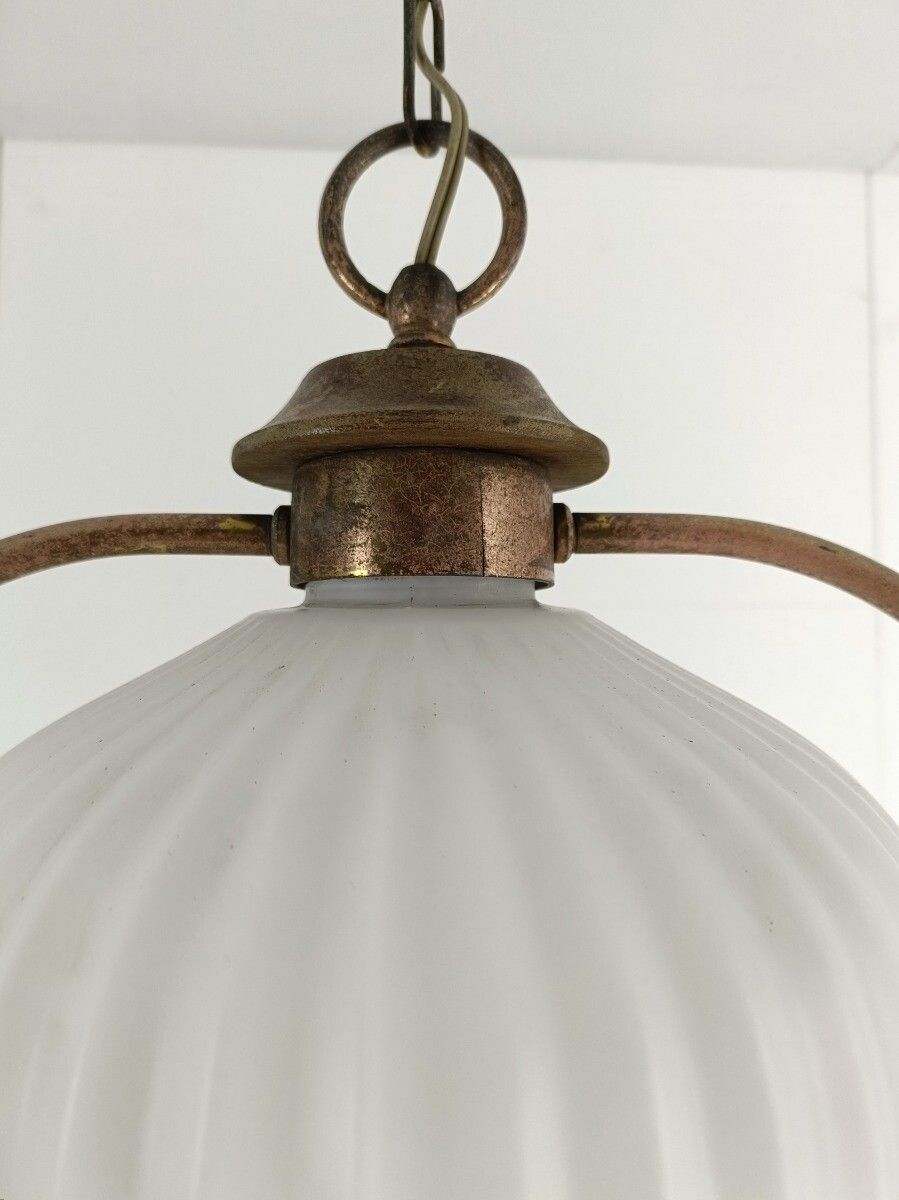 Danish Modernist  Chandelier Pendant Teak Brass Opaline Glass Atomic Louis Kalff photo vintage