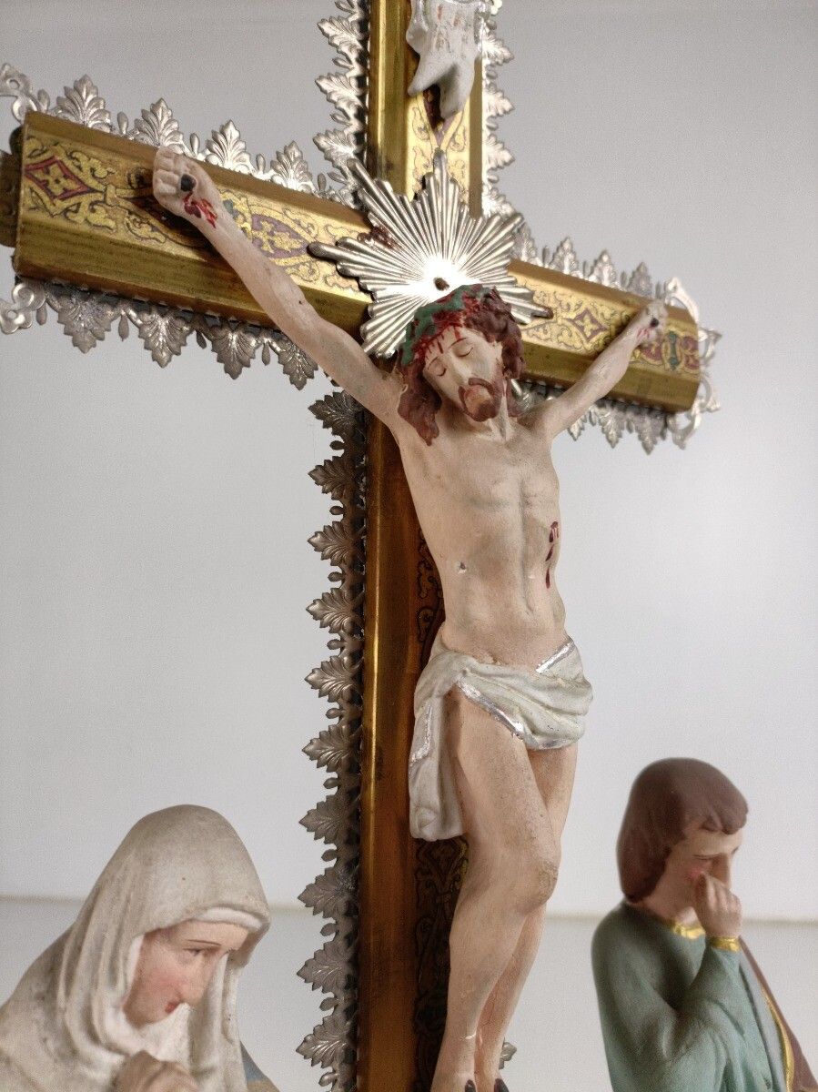 Calvary Crucifix Christ Crucifixion Mary Magdalene St John The Apostle  Plaster photo vintage