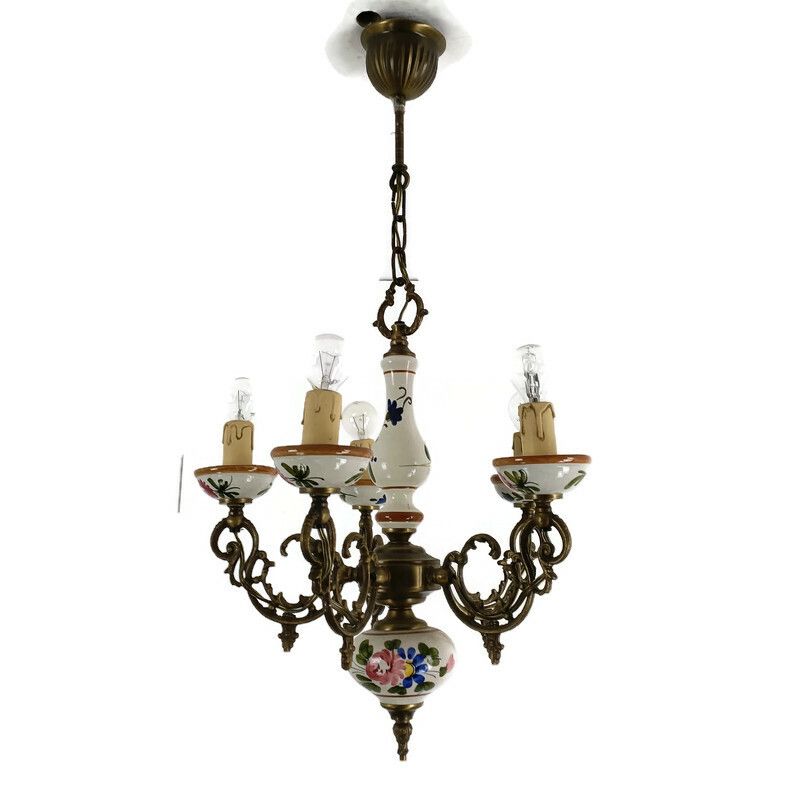 Italian Ceramic Polychrome Romantic Chandelier 5 Arms 5 Lights Brass Lovely