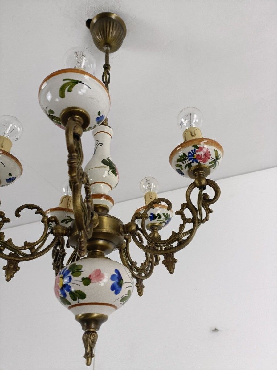 Italian Ceramic Polychrome Romantic Chandelier 5 Arms 5 Lights Brass Lovely photo buy