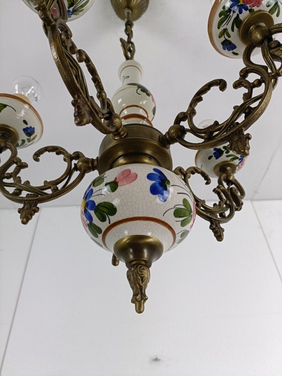 photo furniture Italian Ceramic Polychrome Romantic Chandelier 5 Arms 5 Lights Brass Lovely