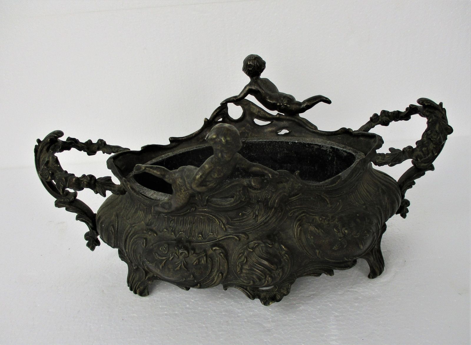 Art Nouveau French Planter Jardinière Ornate Embossed Centerpiece Brass Putti C photo 162.0