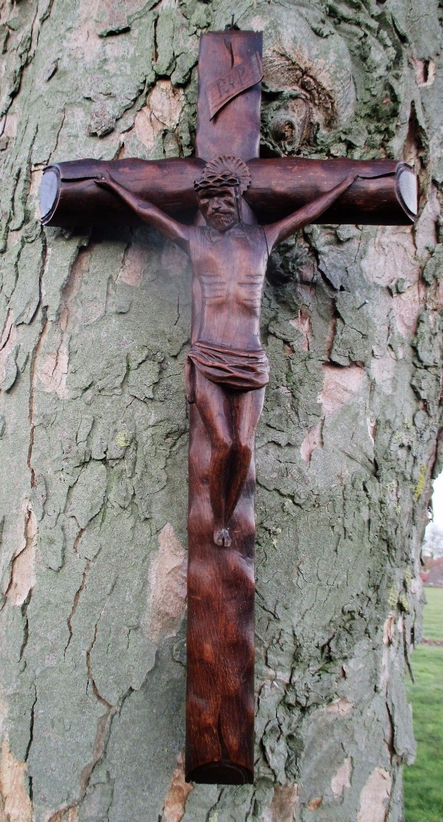 Large Completely Carved Wood Hanging Crucifix Cross Jesus Christ 26.77"