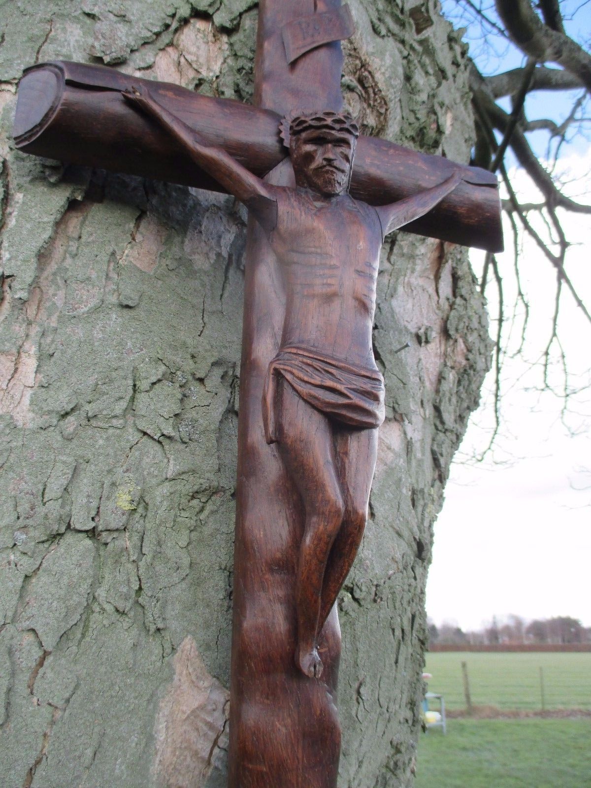 Large Completely Carved Wood Hanging Crucifix Cross Jesus Christ 26.77" photo furniture