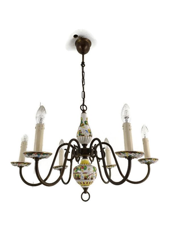 Chandelier 6 Arm Lights Brass Porcelain Flowers Italian Italy Capodimonte Style