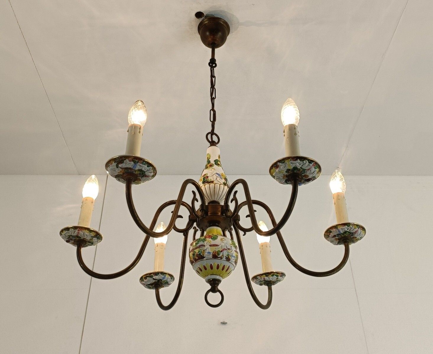 Chandelier 6 Arm Lights Brass Porcelain Flowers Italian Italy Capodimonte Style photo furniture