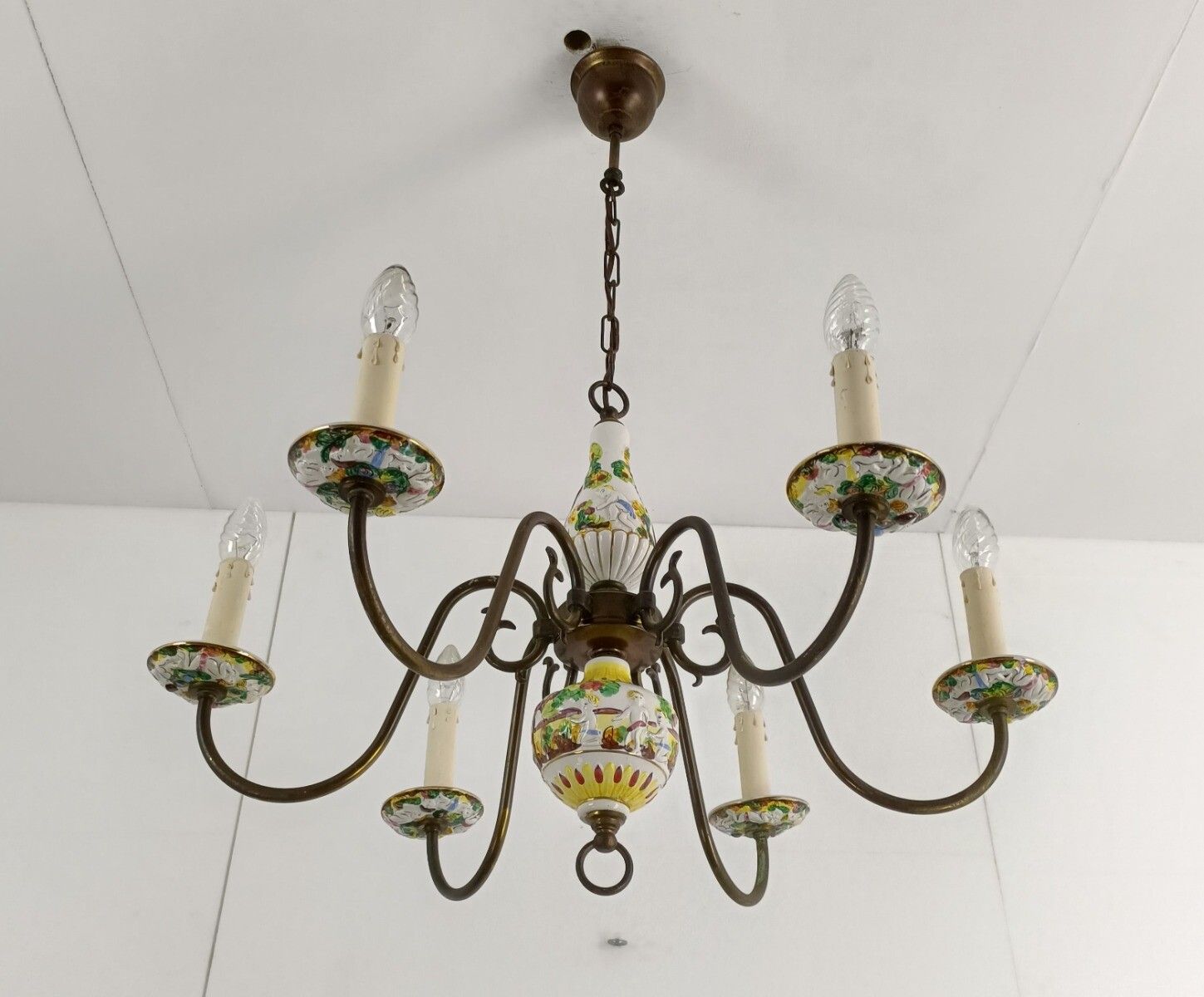Chandelier 6 Arm Lights Brass Porcelain Flowers Italian Italy Capodimonte Style photo Lighting