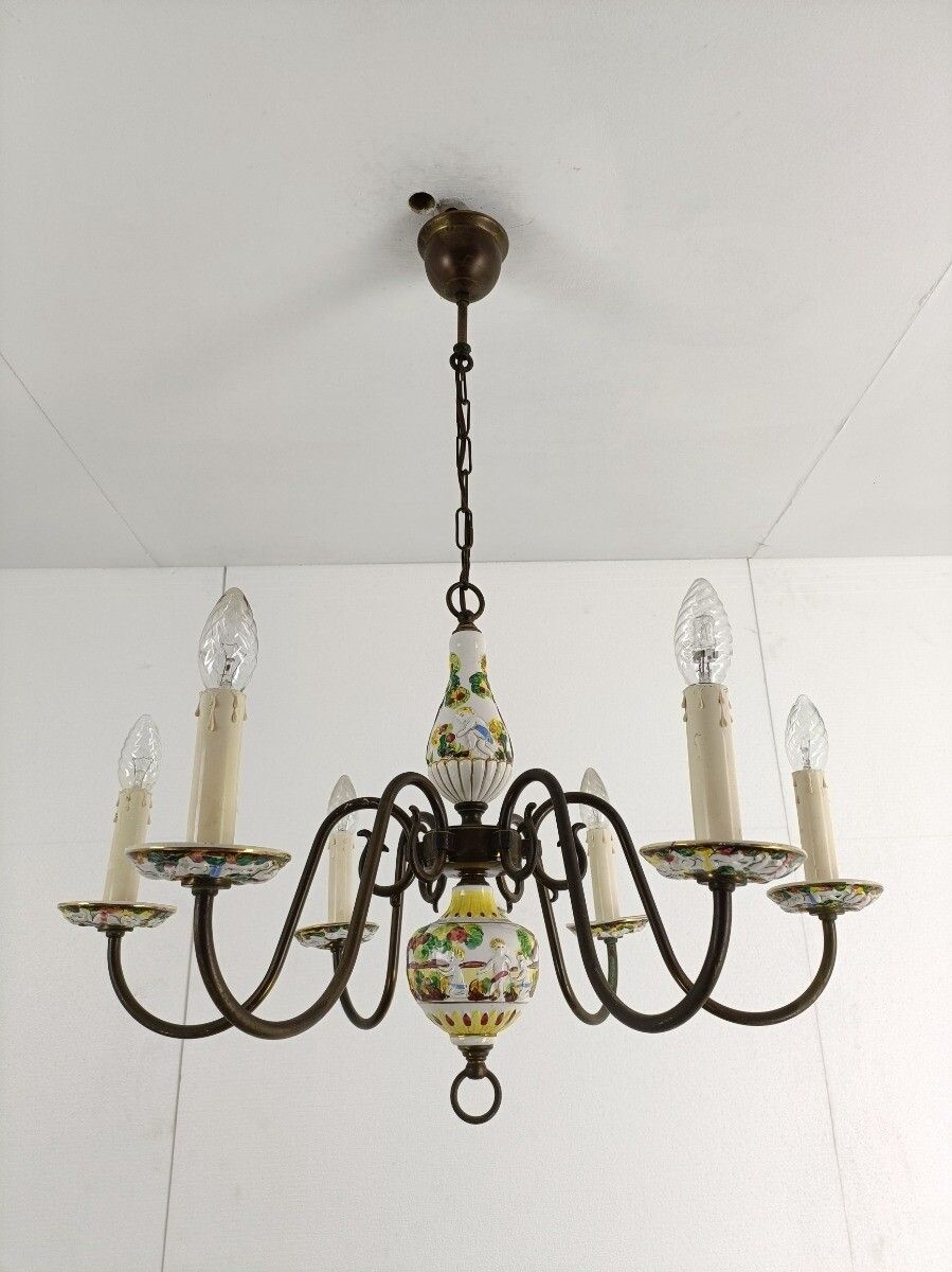 Chandelier 6 Arm Lights Brass Porcelain Flowers Italian Italy Capodimonte Style photo 323.0