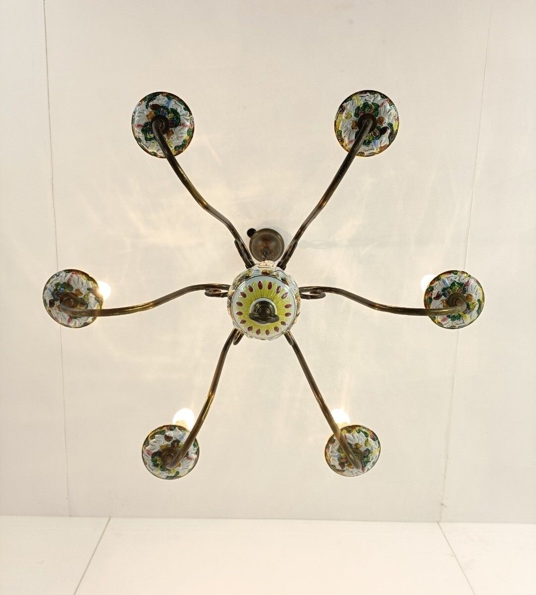 photo furniture Chandelier 6 Arm Lights Brass Porcelain Flowers Italian Italy Capodimonte Style