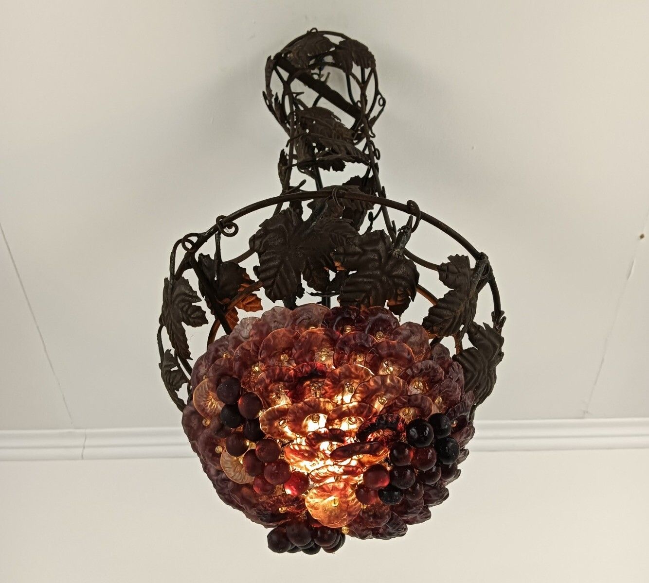 Vintage Chandelier Fixture Wrought Iron Glass Purple Grapes Iron Leafs Modernist photo Lighting