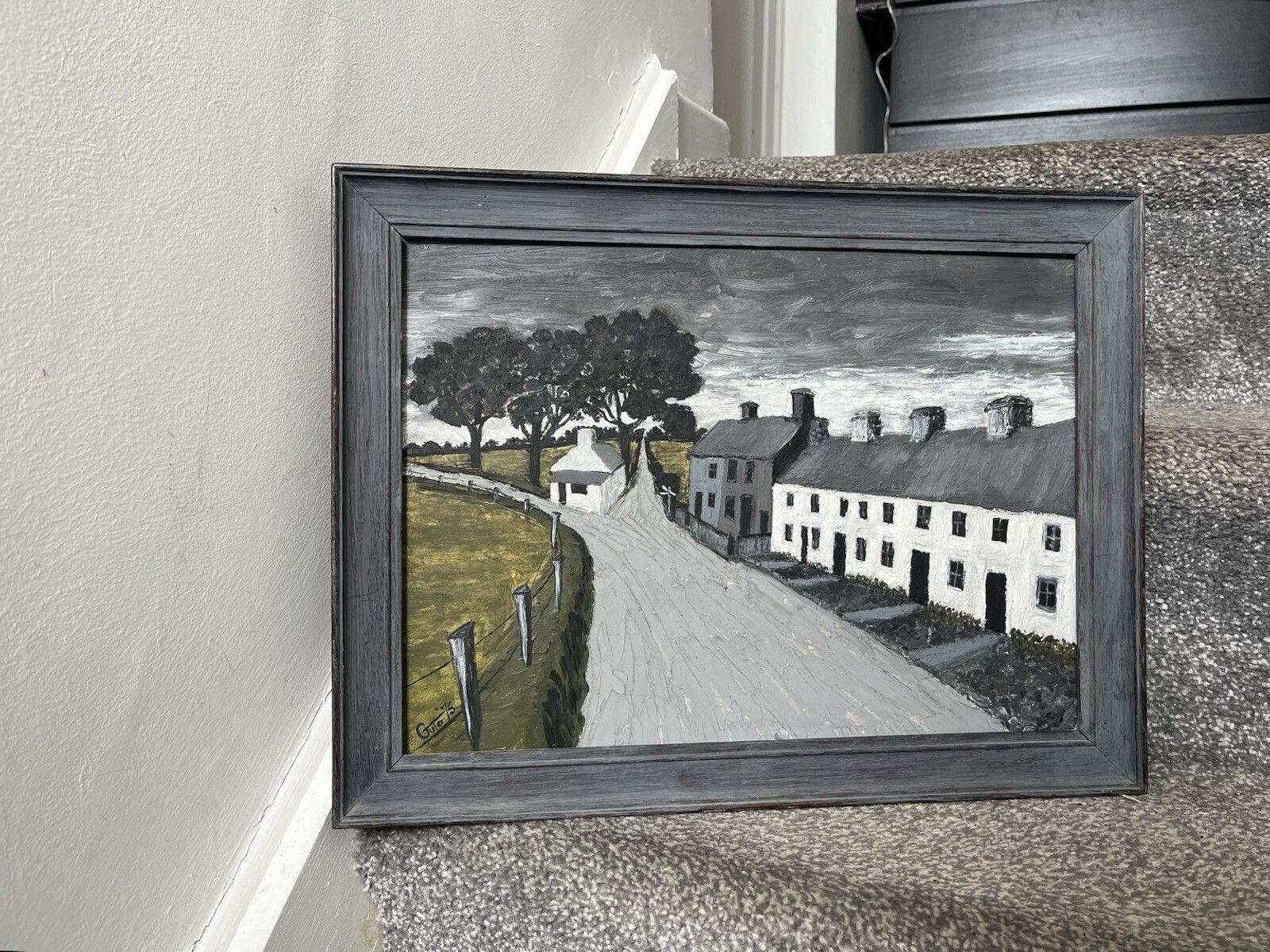 photo buy Original Vintage Framed Oil On Board Painting Naive Welsh Village Signed Guto