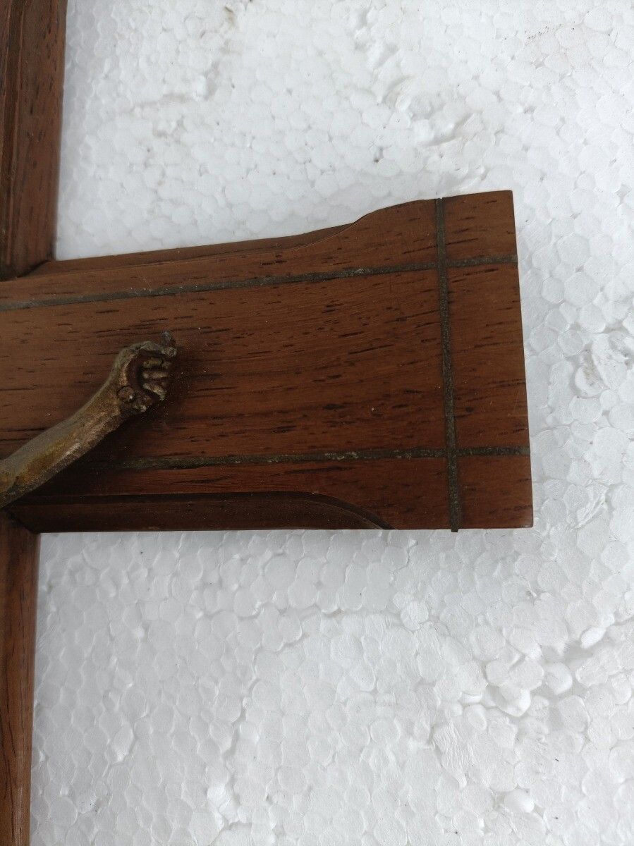 Hanging Crucifix Hand Carved Wood Brass Corpus Copper Inlay Beautiful Antique photo buy