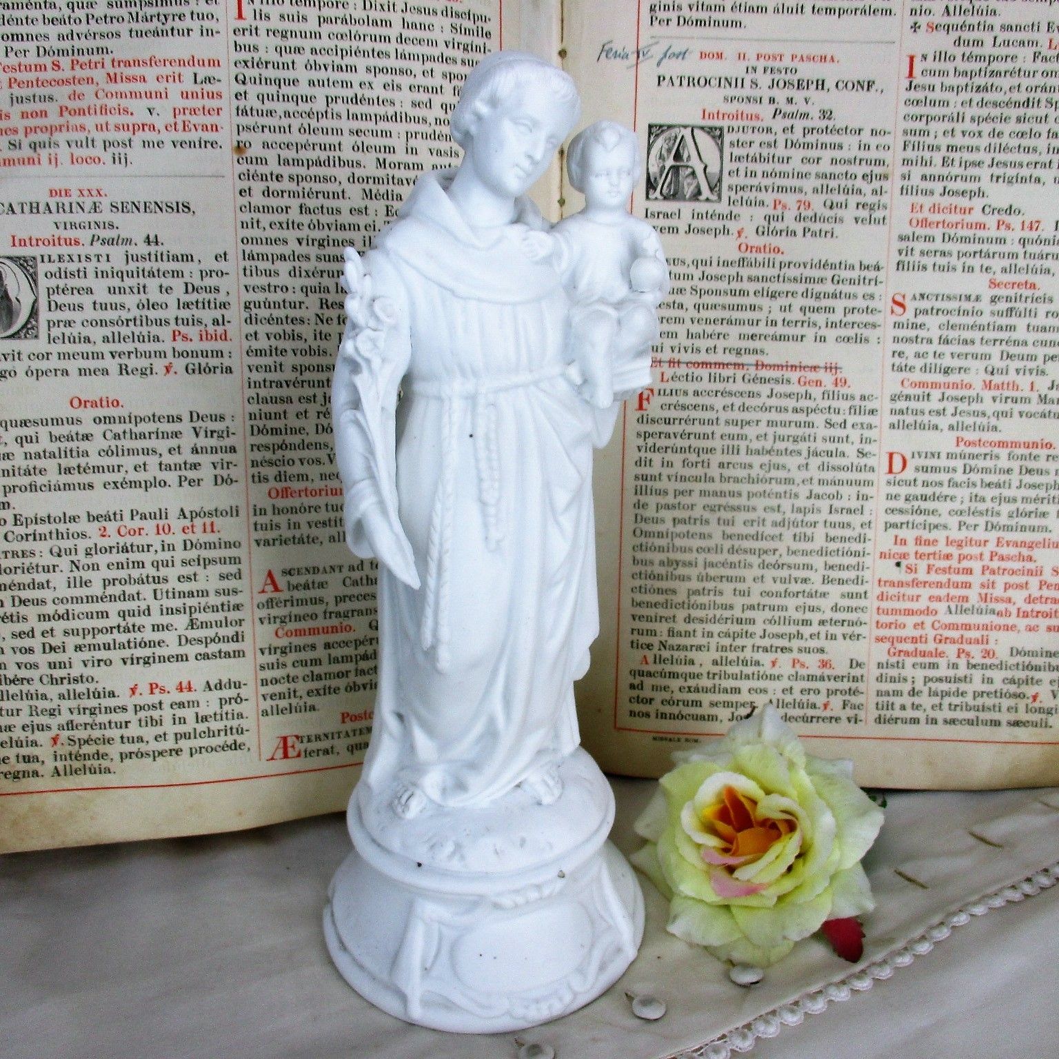 French Antique 1900 Bisque Statue Saint Anthony Padua Infant Child Lilies Marked
