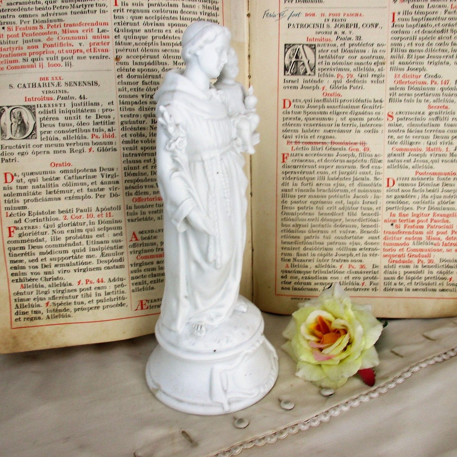 French Antique 1900 Bisque Statue Saint Anthony Padua Infant Child Lilies Marked photo furniture