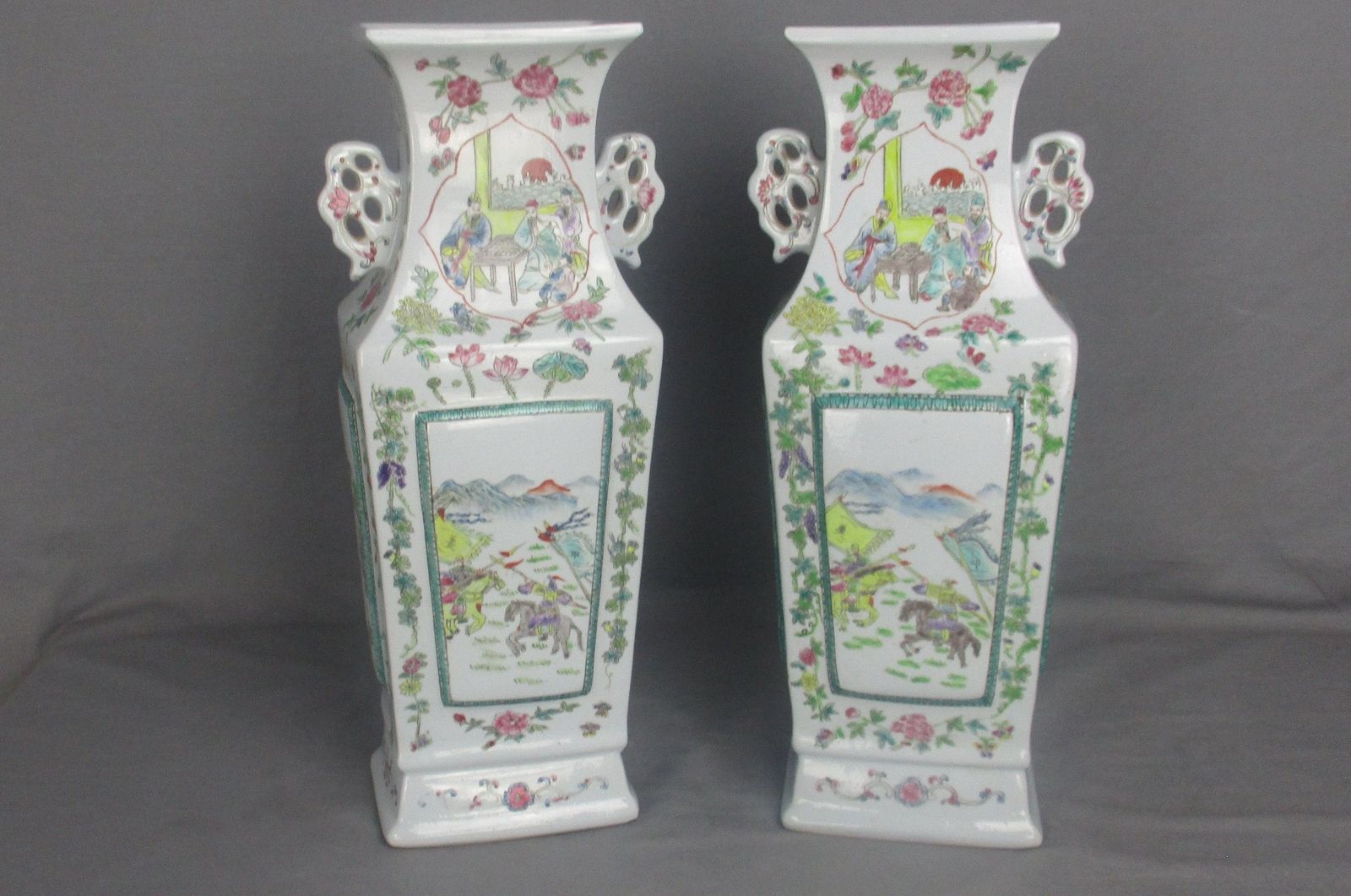 Pair Chinese Porcelain Famille Rose Vases Square Vase 17"