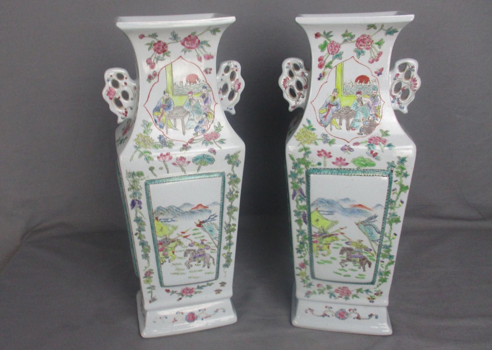 Pair Chinese Porcelain Famille Rose Vases Square Vase 17" photo furniture