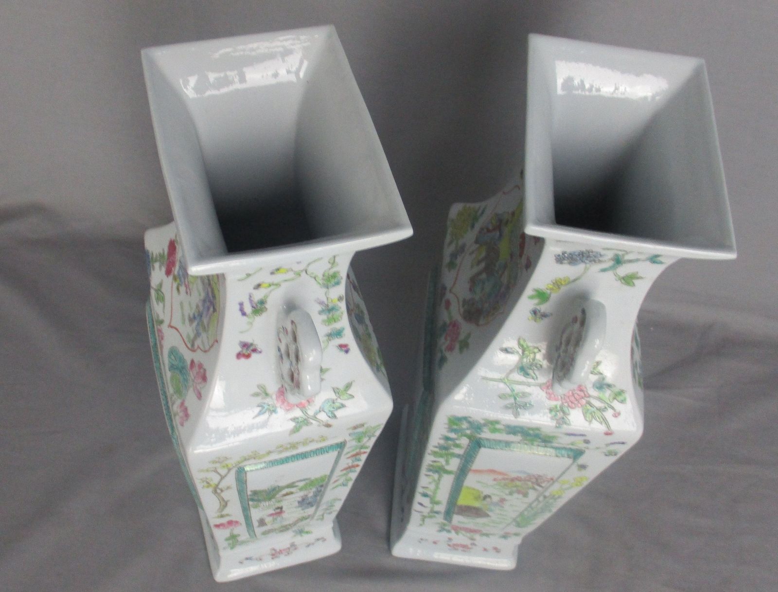 Pair Chinese Porcelain Famille Rose Vases Square Vase 17" photo vinterior