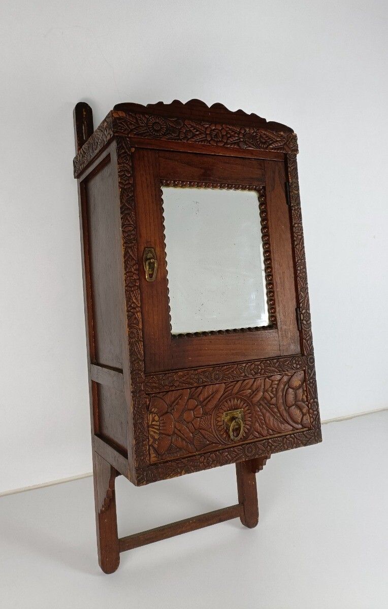 Gorgeous Hand Carved Ornate Wooden Medicine Apothecary Bathroom Cabinet Beveled photo for sale