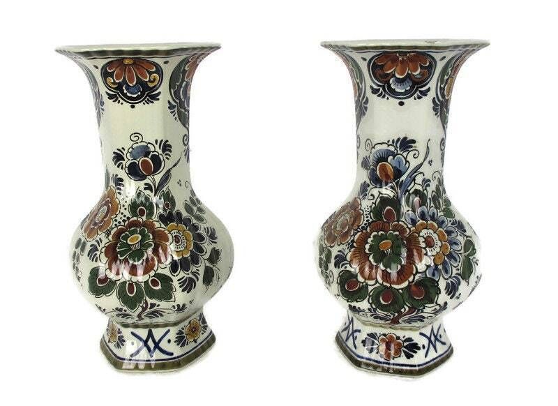 Couple Pair Holland Rare Delft Polychrome Porcelain Vases Floral Design Marked