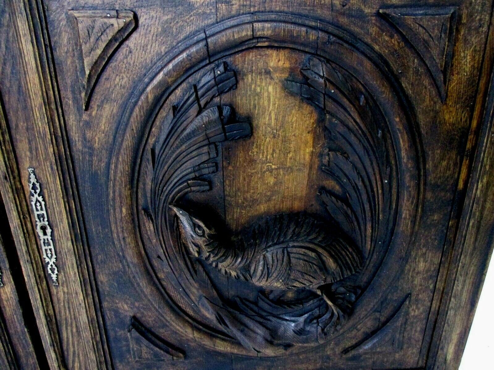 Pair Antique Hand Carved Oak Pheasants  Door Panels Reclaimed Architectural photo Home Fixtures