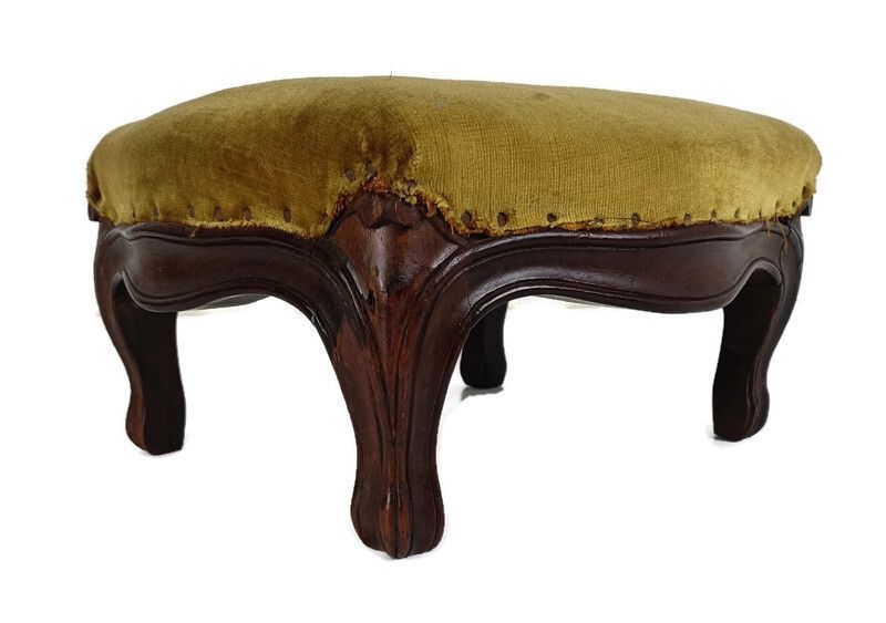 Antique Low Footstool Ottoman French  Fabric Louis XV Style Hobnails