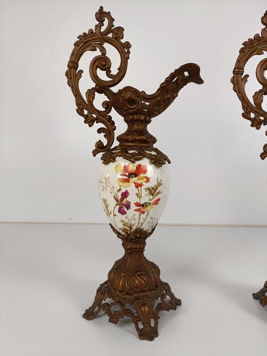 Large Couple Of Vases Pewters Porcelain Flower Pattern Ornate Spelter  50s Vinta photo for sale