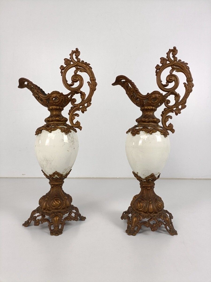 Large Couple Of Vases Pewters Porcelain Flower Pattern Ornate Spelter  50s Vinta photo 364.0