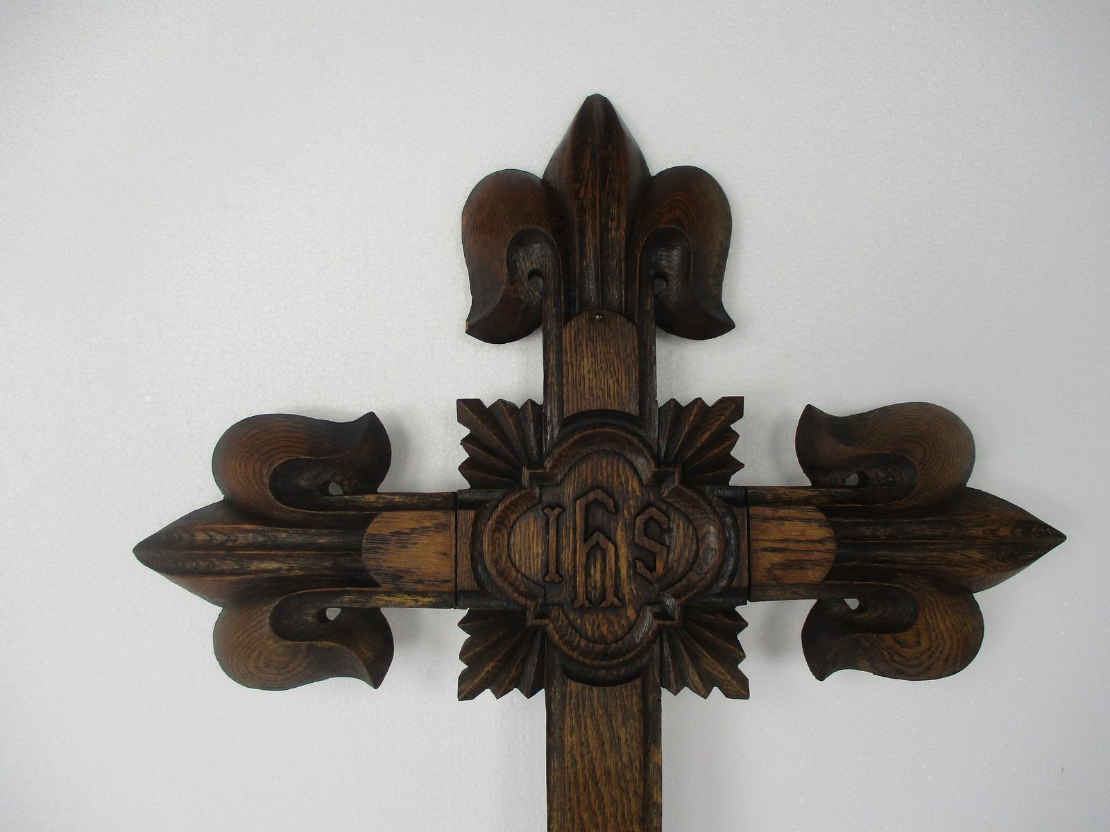 Xl French France Hanging Hand Carved Wooden Wall Crucifix Church Chapel Fleur De photo furniture