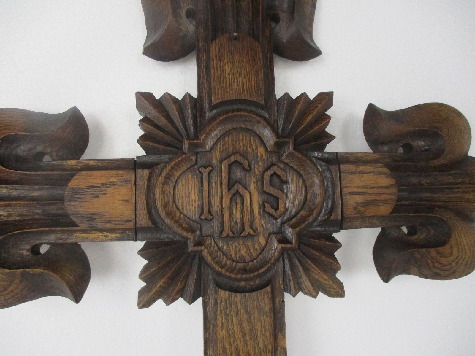 Xl French France Hanging Hand Carved Wooden Wall Crucifix Church Chapel Fleur De photo for sale