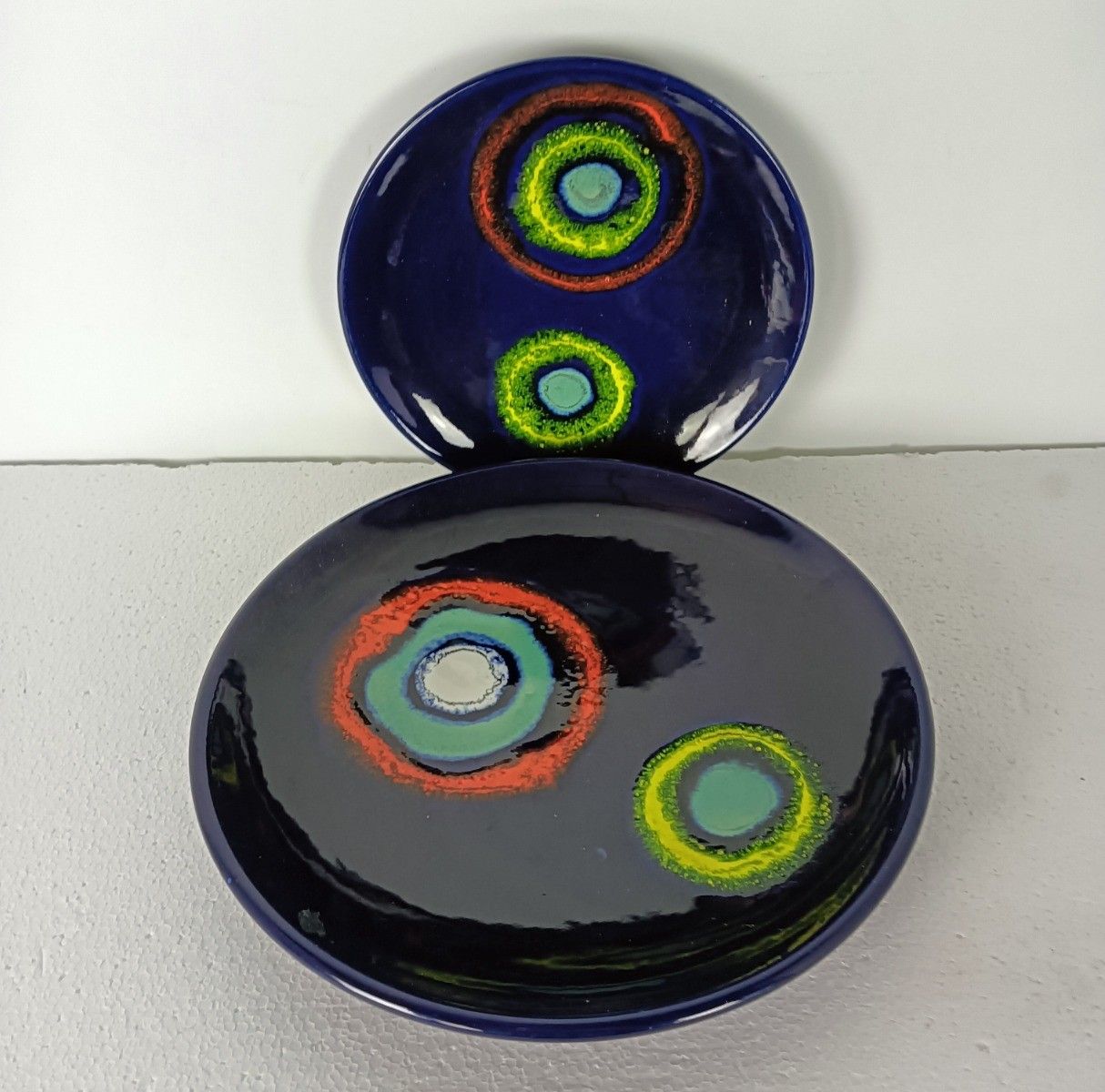 Two Ceramic Glazed Fat Lava Decorative Charger Plates Italy Wall Hanging Funky R photo for sale
