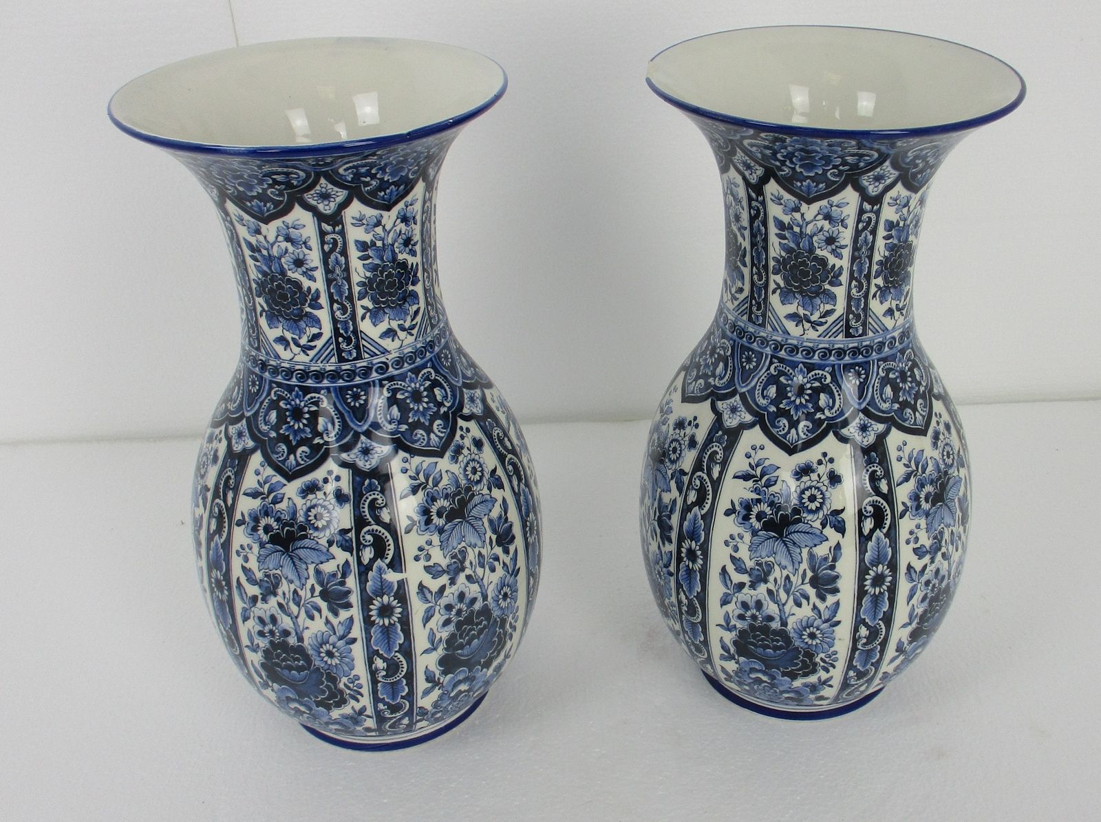 Large Pair Couple Trumpet Vases Delft Holland Blue White Porcelain Marked Hand P photo Home Decor