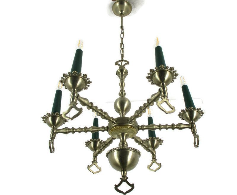 Chandelier Tin Look Messing Metal 6 Lights Edwardian Style Hobnails Rare Lovely