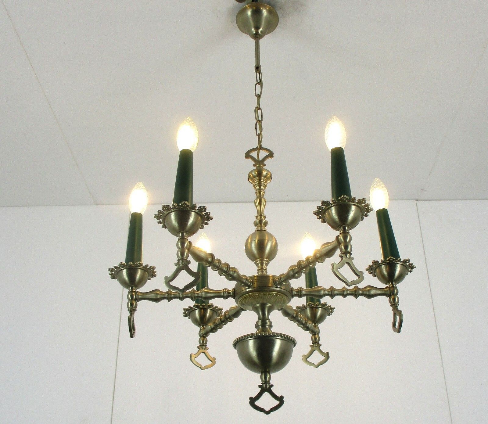 Chandelier Tin Look Messing Metal 6 Lights Edwardian Style Hobnails Rare Lovely photo furniture