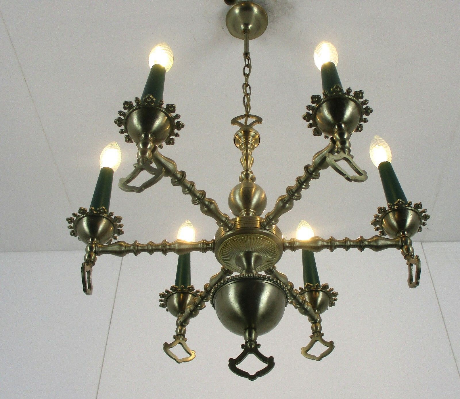 Chandelier Tin Look Messing Metal 6 Lights Edwardian Style Hobnails Rare Lovely photo Lighting