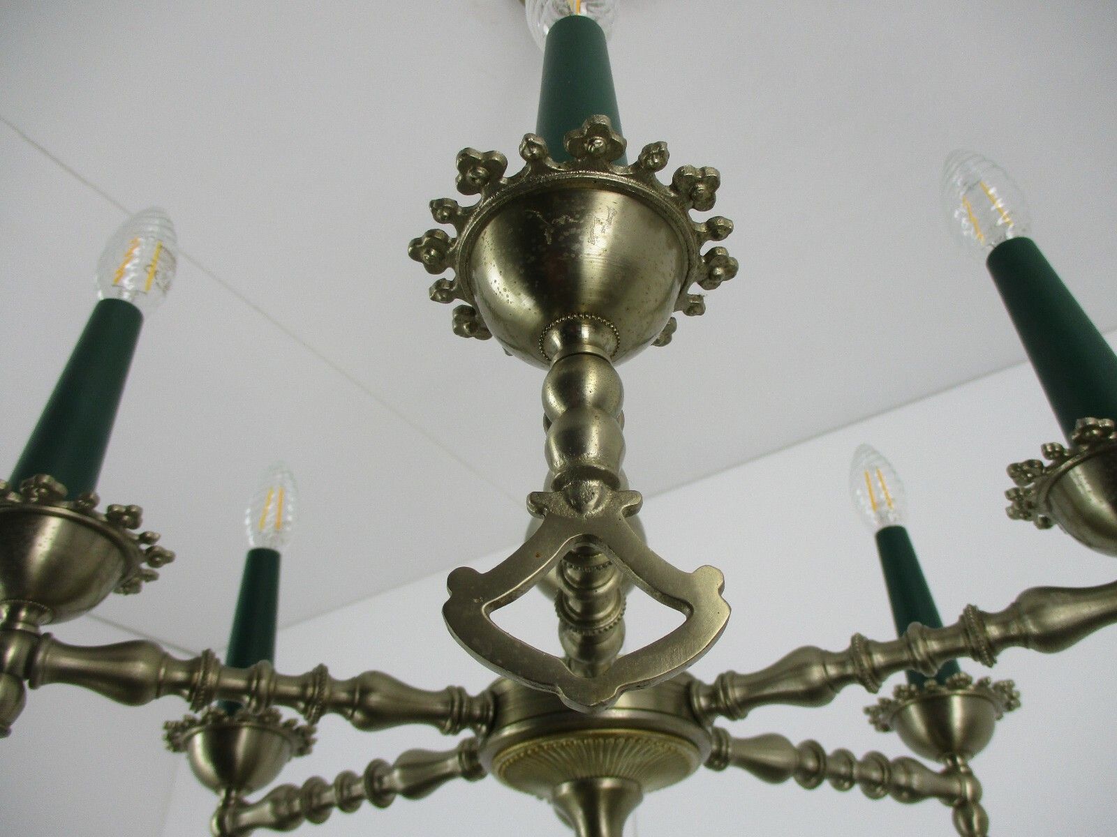 Chandelier Tin Look Messing Metal 6 Lights Edwardian Style Hobnails Rare Lovely photo vintage
