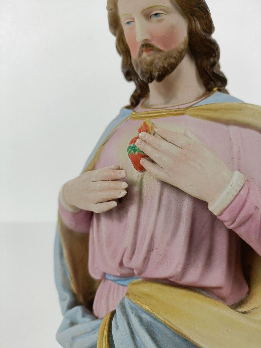 Antique  Statue Bisque Porcelain Jesus Christ Saviour Holy Sacred Heart photo vinterior