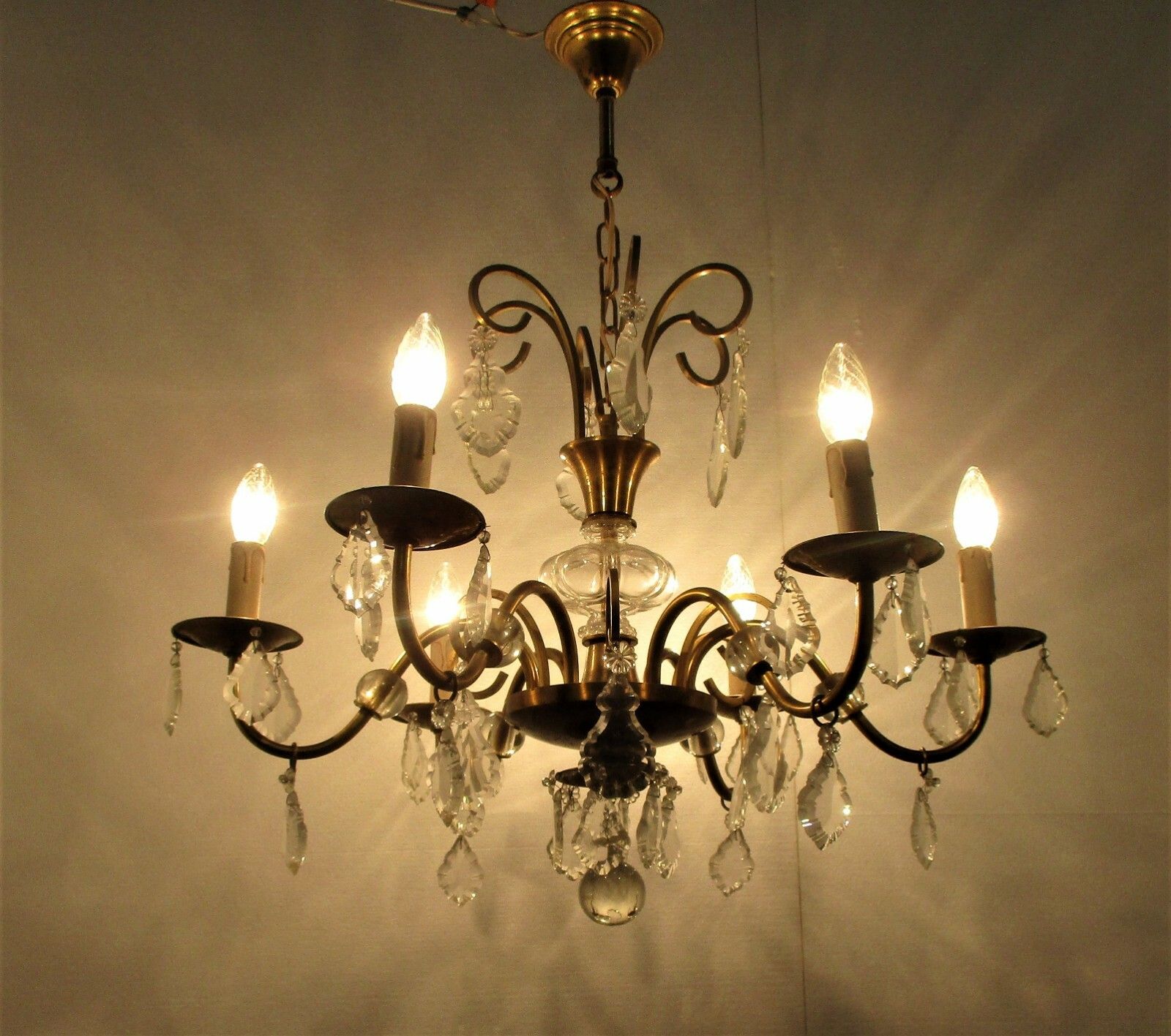 6 Arm Lights Pan Chandelier Revival French Empire Style Brass Ornate Prisms Wow photo for sale