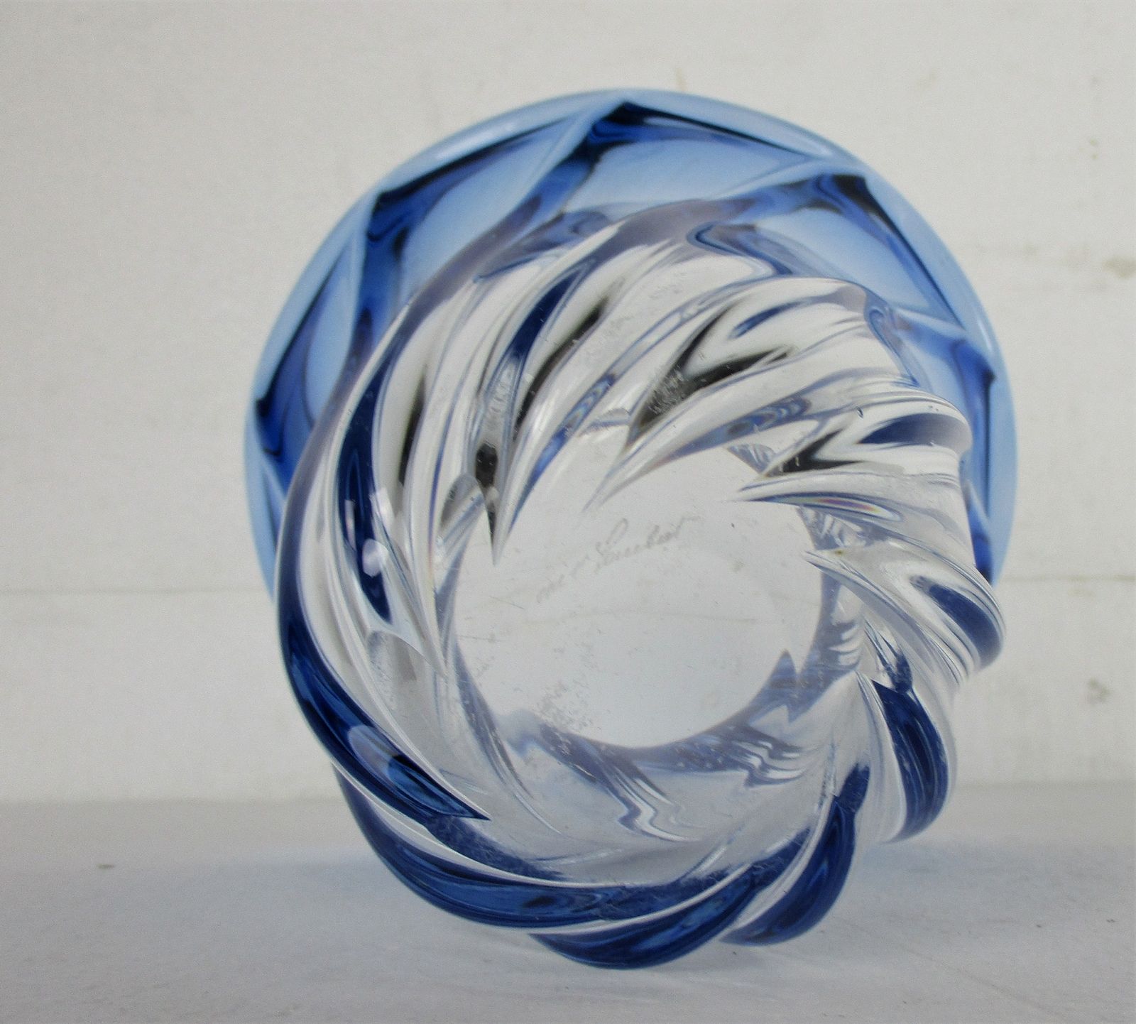 Art Deco Heavy Art Glass Vase Val St Lambert Twisted Glass Cobalt Blue To Clear photo vinterior