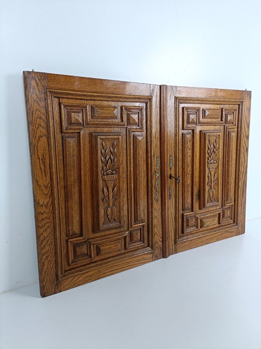Pair Antique French Hand Carved Wood Oak Door Panels Reclaimed Architectural Bas photo Home Fixtures