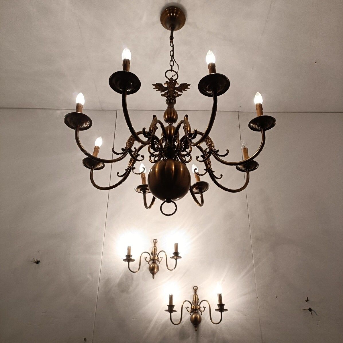Set Of 3  Wall Sconces 1 Large Flemish Dutch Chandelier Very Rare Modernist Bras photo furniture