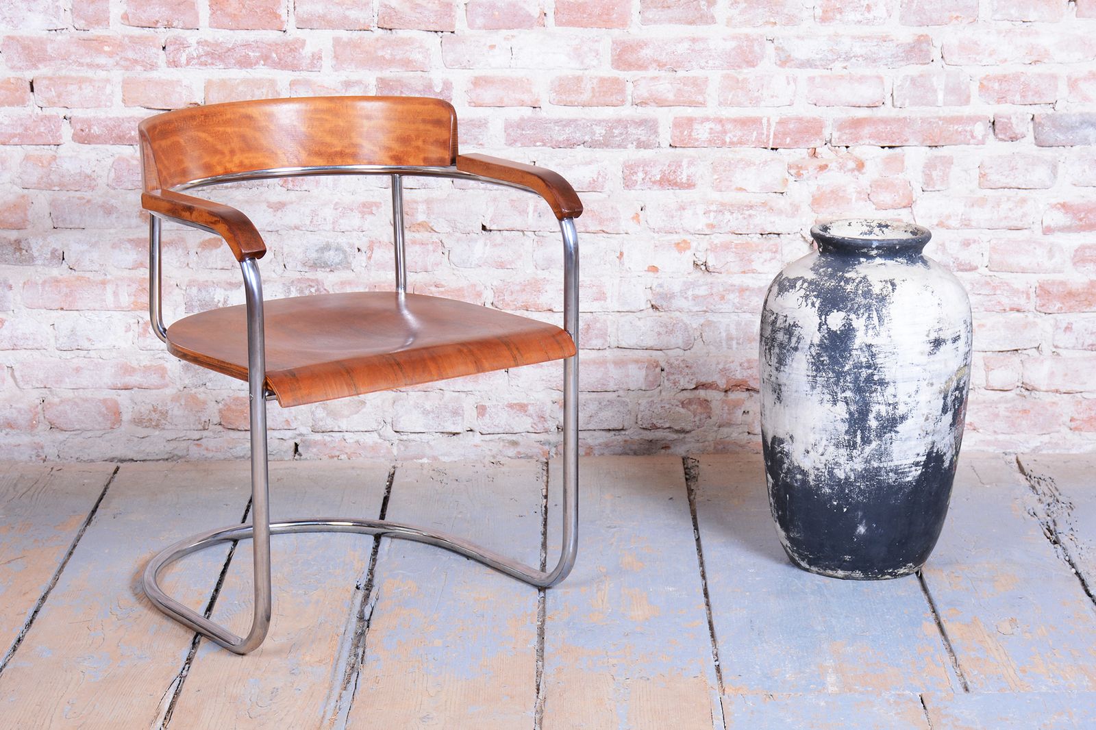 photo furniture Restored Bauhaus Armchair, By H. Gottwald, Beech, Walnut, Chrome, Czech, 1930s